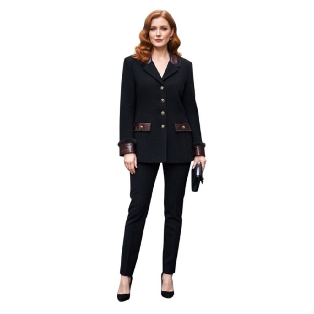 St.John Couture Vintage Knit Leather Fur Jacket Blazer  Wool Silk Classic Luxury